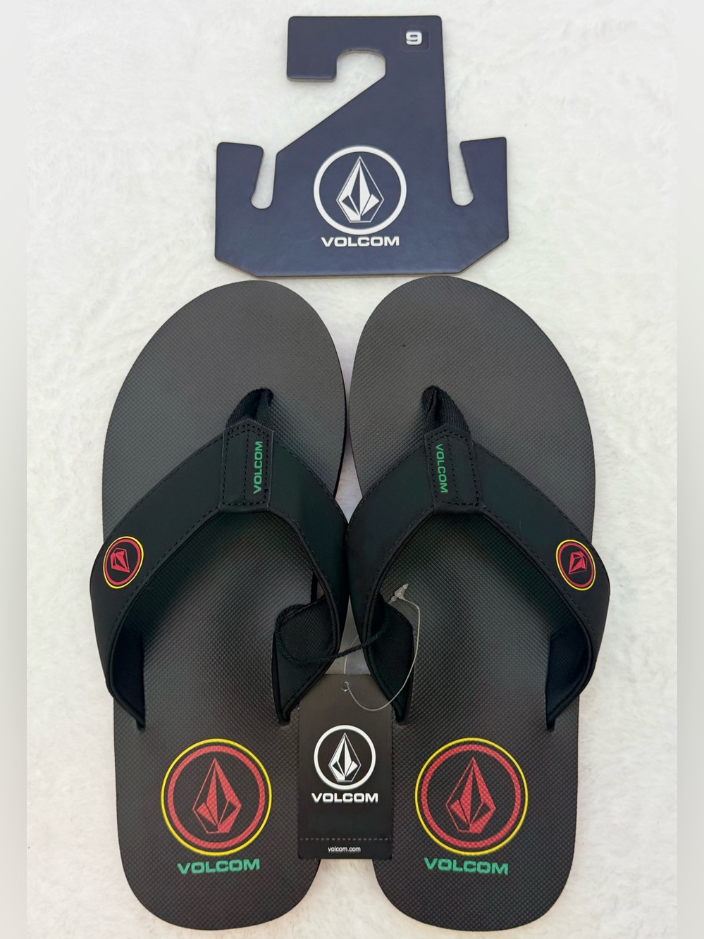 Volcom Men’s Black Thong Flip Flops Sandal with Red, Green & Yellow Logo Accent